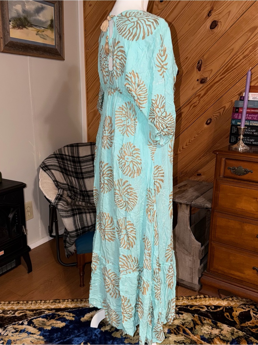 Zury Turquoise Maxi Dress with Gold Medallion Print and Tassel Tie 100% Viscose - Picture 6 of 11